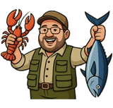 Freddie's mascot holding a lobster and a fish